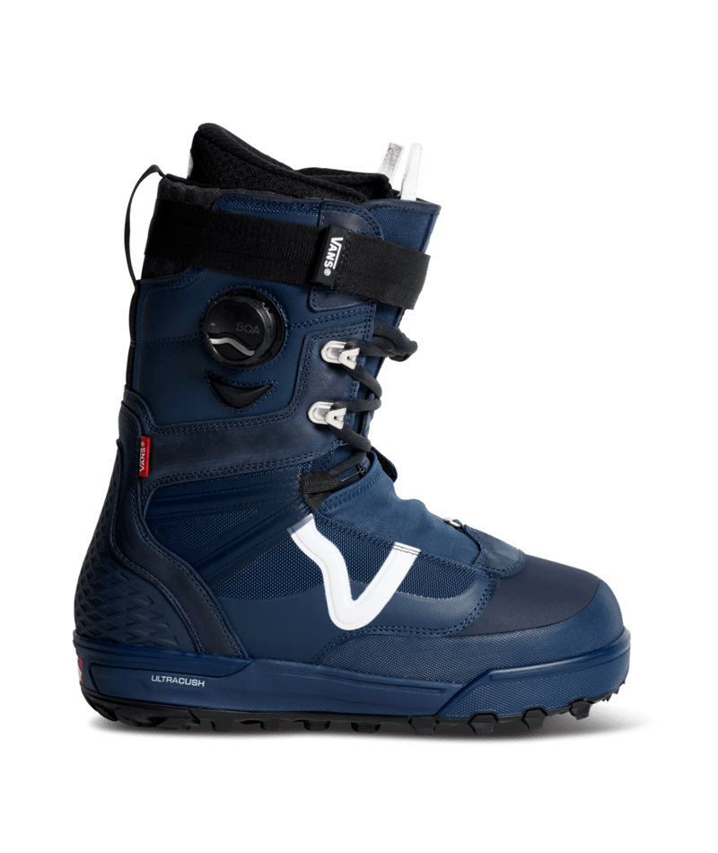 Vans Infuse men's snowboard boot with blue and gray design, sturdy laces, and padded ankle support for cold-weather.
