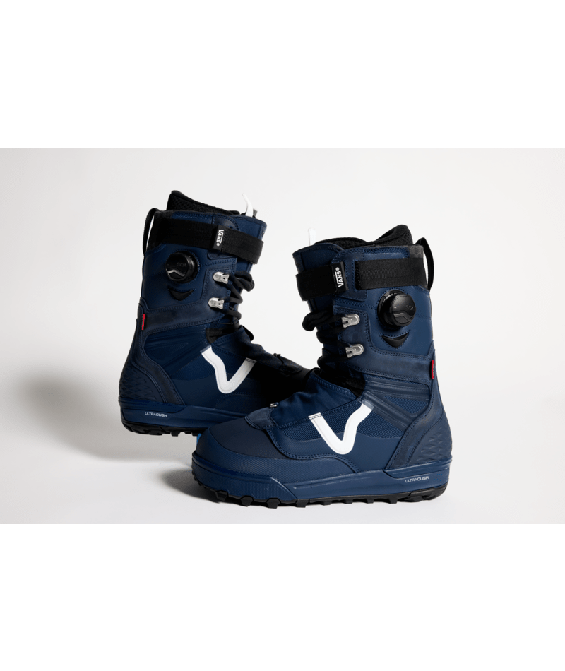 Vans Infuse men's snowboard boot, blue and gray with lacing system, designed for snowboarding performance and comfort.