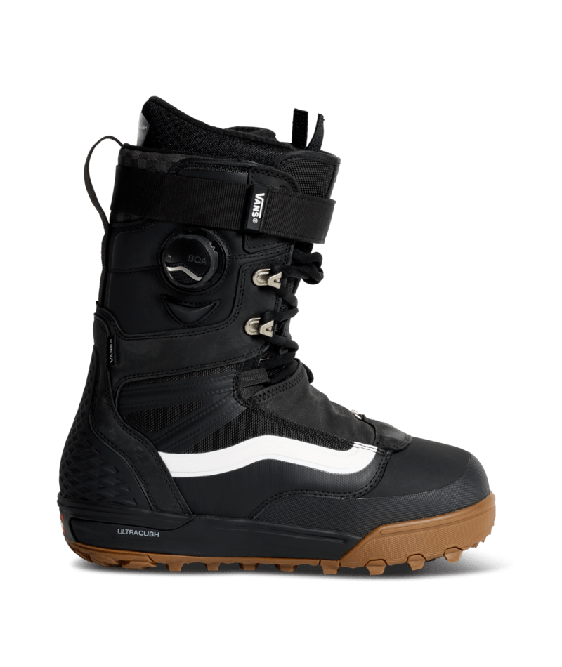 Vans Infuse men's snowboard boot with black and gray design, durable laces, and padded ankle support for winter snowboarding.