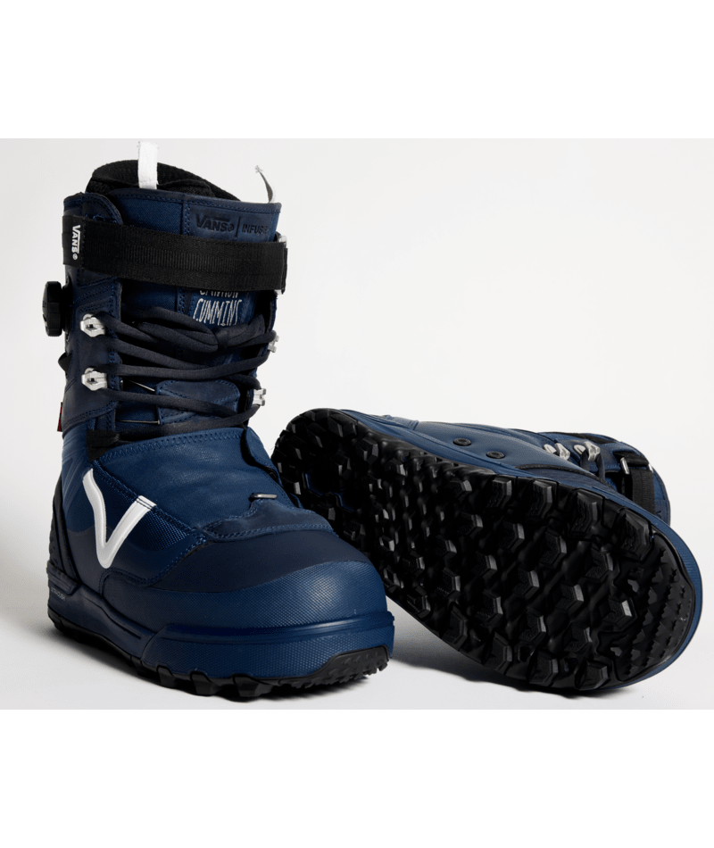 Vans Infuse men's snowboard boot in blue and gray with logo details, shown from a side angle.