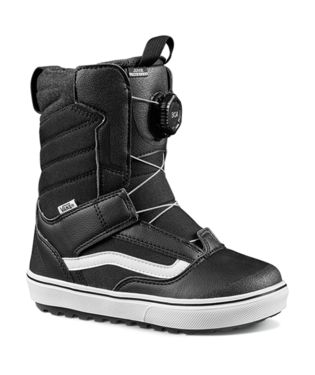 Vans Juvie Linerless Kids Snowboard Boot in black and white, showing the boot's side view with laces and branding details.