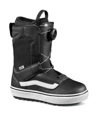 Vans Juvie OG kids snowboard boot in black and white, with padded collar and laces, designed for winter snowboarding.
