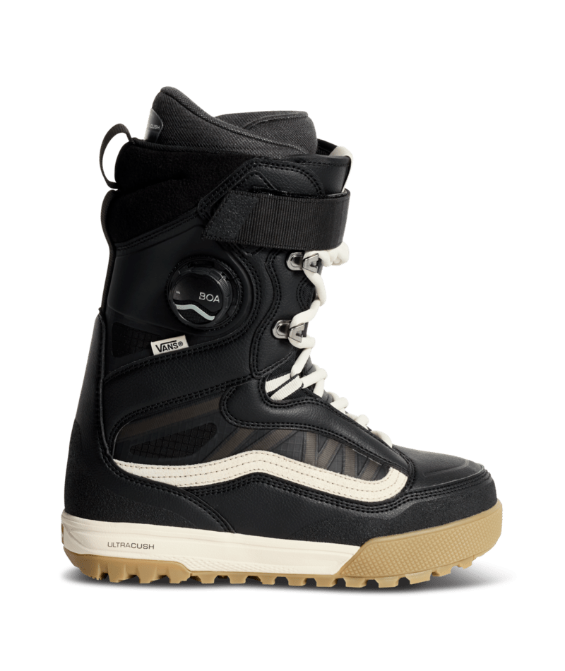 Vans Luna Pro 2.0 Women's snowboard boot in black with white accents, featuring padded ankle support and laces for a secure fit.