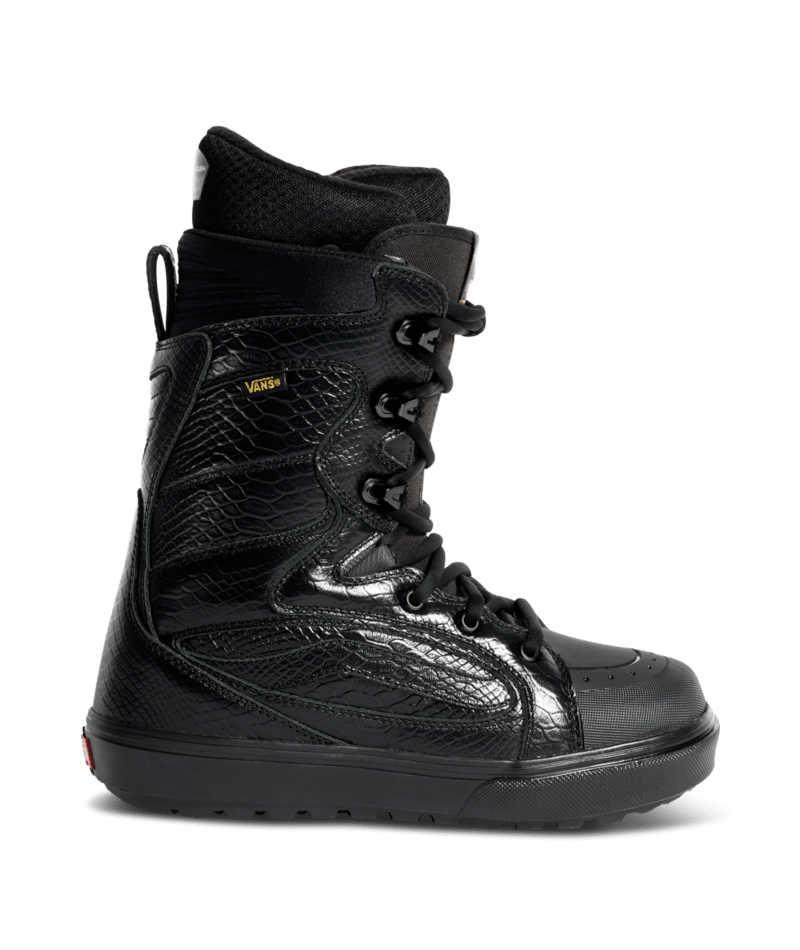Vans Super Standard men's snowboard boot in black, showing the laced closure and padded ankle support.
