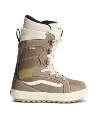 Vans Super Standard women's snowboard boot in tan with white accents, featuring lacing system and padded interior for comfort.