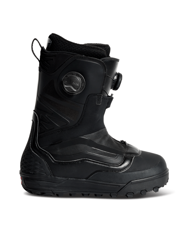 Vans Verse men's snowboard boot in black with white accents, featuring padded collar and lacing system for snowboard riding.
