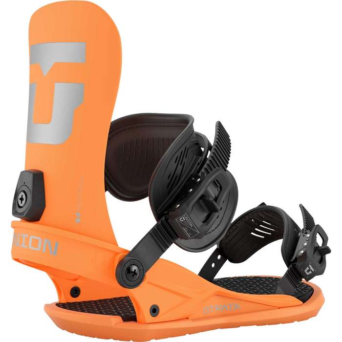 Union Strata snowboard bindings for snowboarding, featuring adjustable straps and durable construction, designed for winter snow sports.