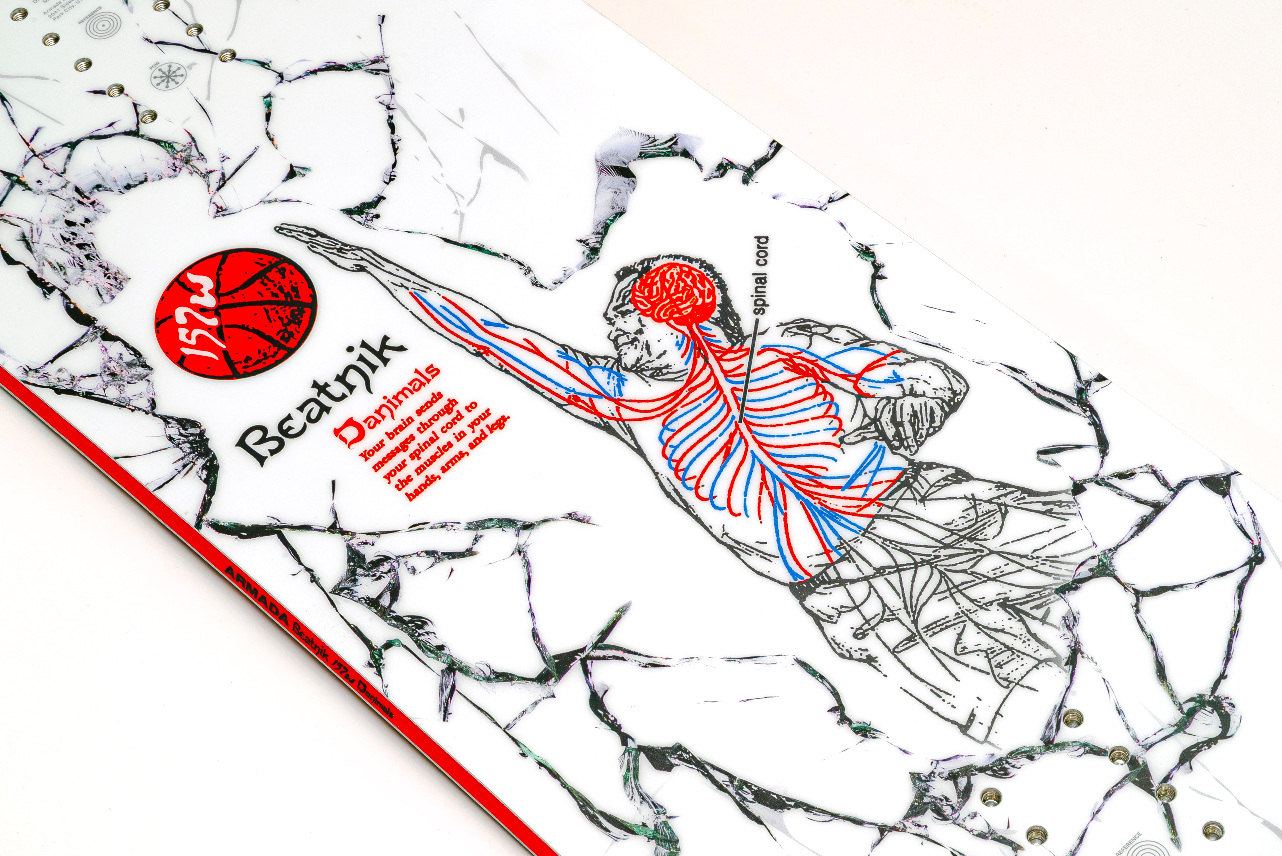 Close-up of the Armada Beatnik snowboard's center topsheet graphic.