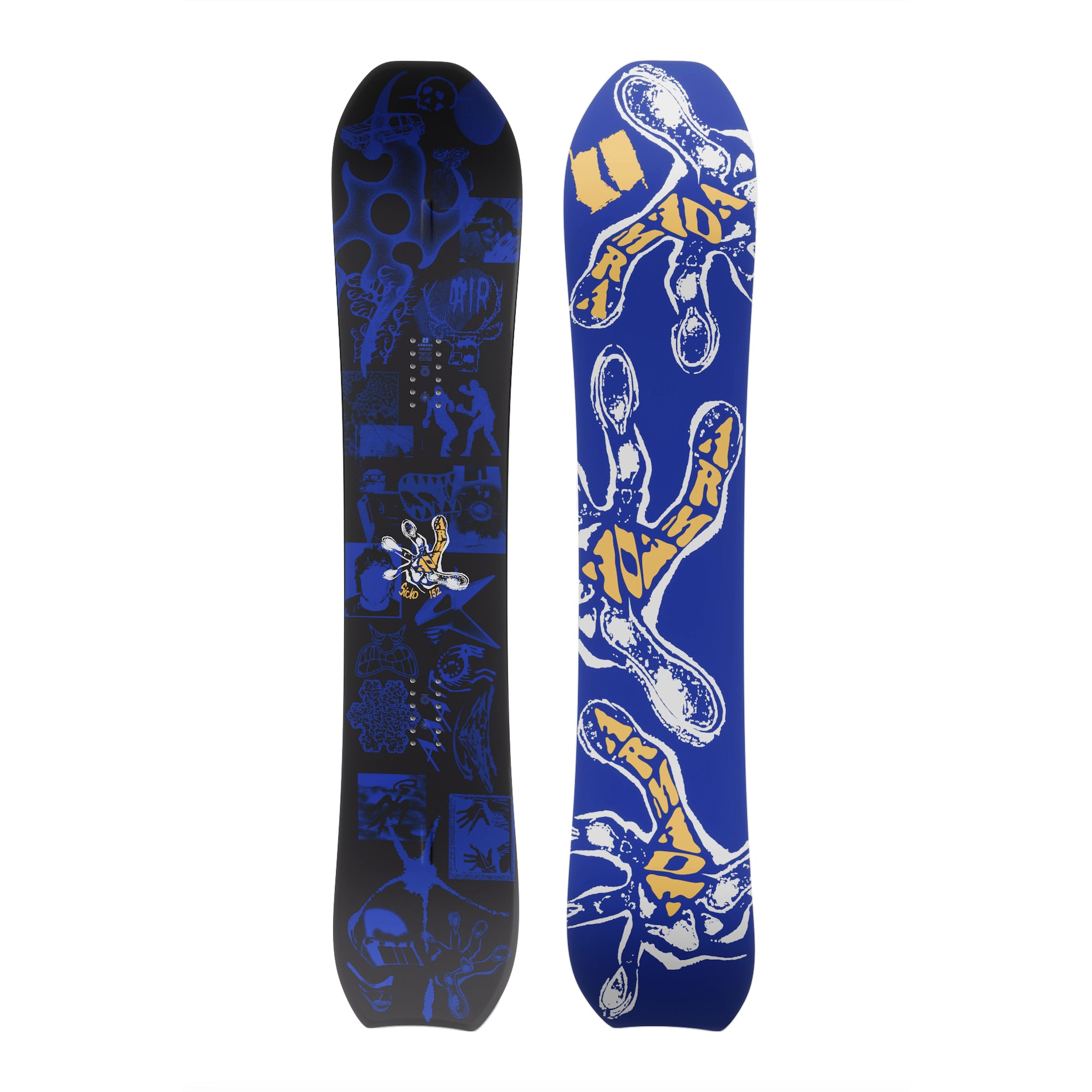 Armada Sicko snowboard deck shown upright against a plain white background, each featuring a bold graphic design in blue, black, and yellow. The left side has a dark blue and black abstract collage with small illustrated figures and symbols, while the right side has a vivid royal blue background with large white and yellow abstract shapes and lettering.