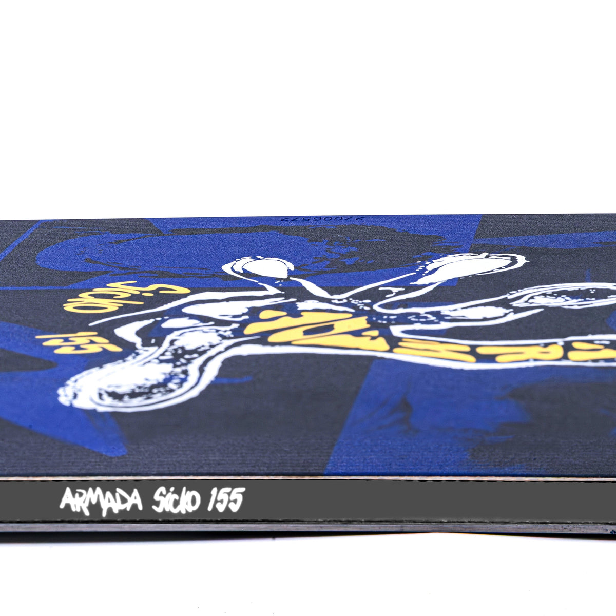 Black Armada Sicko snowboard with sidewall design and Milosport branding, ideal for all-mountain snowboarding.