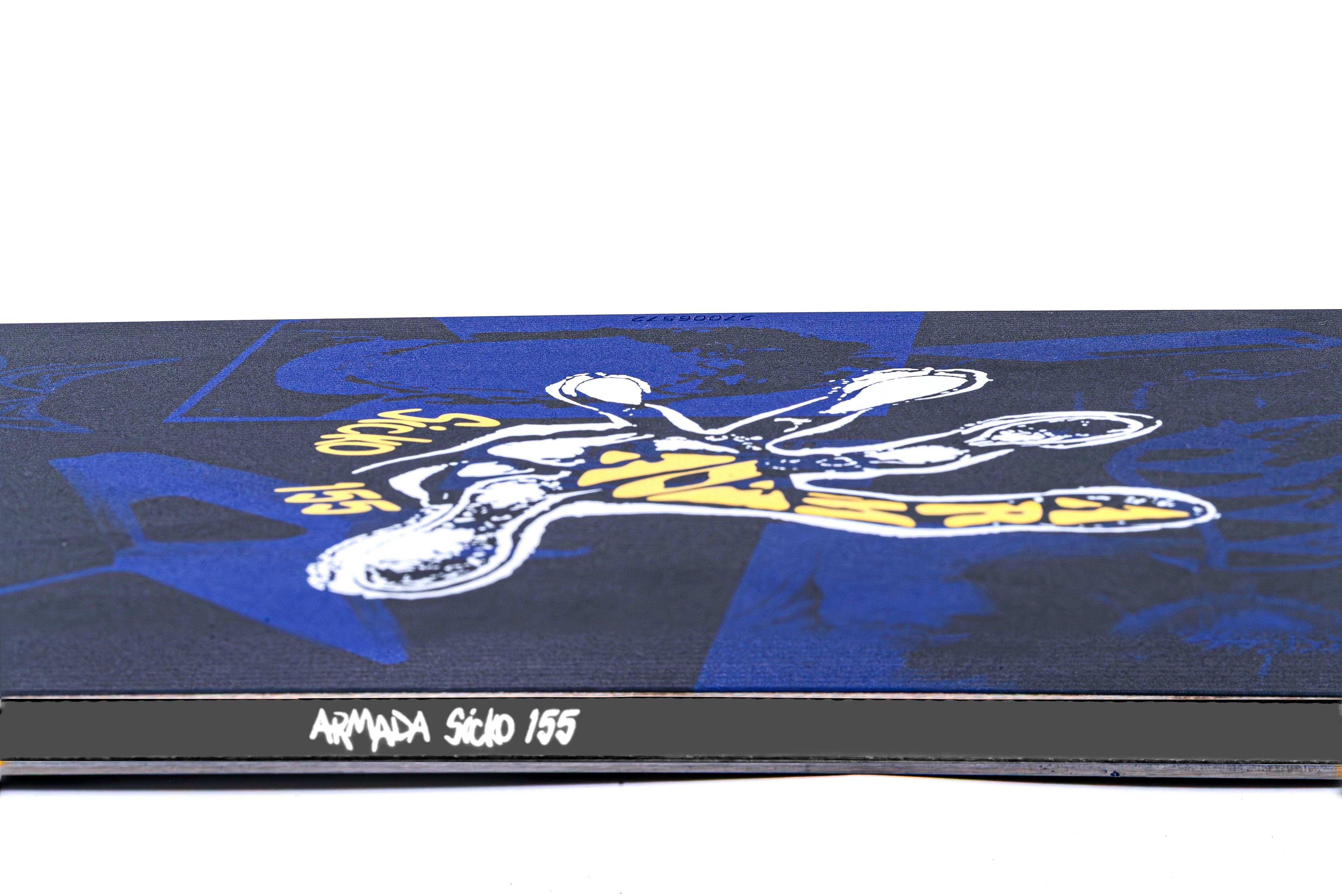 Black Armada Sicko snowboard with sidewall design and Milosport branding, ideal for all-mountain snowboarding.