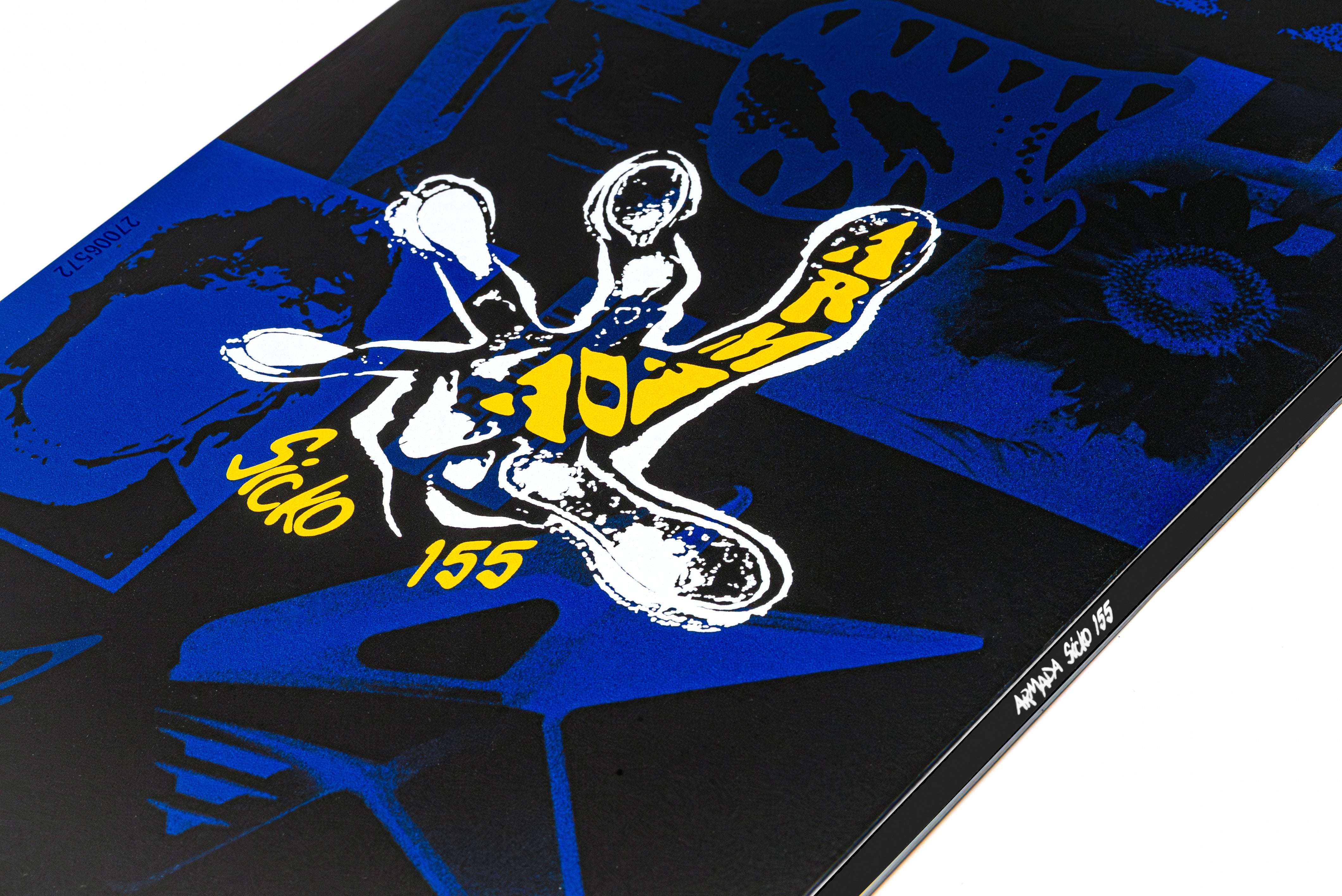 Armada Sicko snowboard with detailed top sheet design, showcasing its center graphics and vibrant snowboarding graphics.