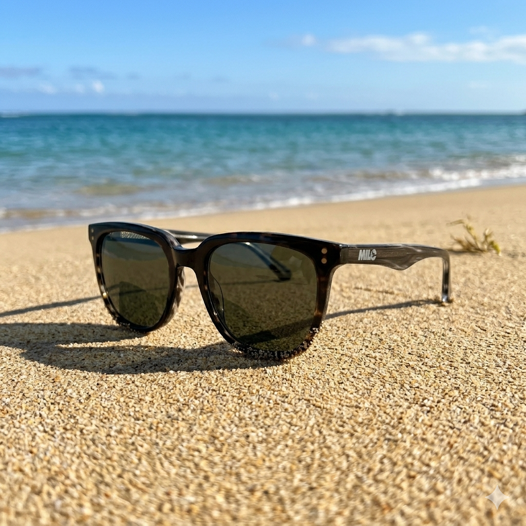 Sunglasses on a sandy beach with ocean and sky in the background