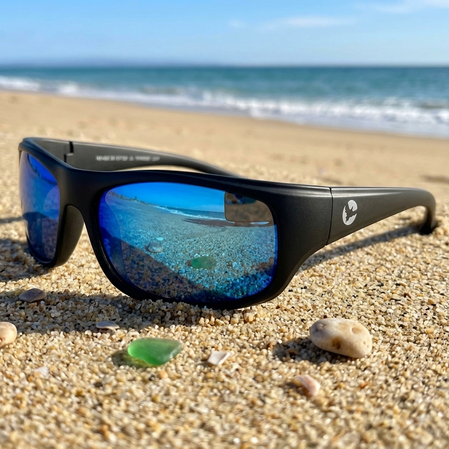 Black sunglasses with blue reflective lenses on a sandy beach with ocean in the background