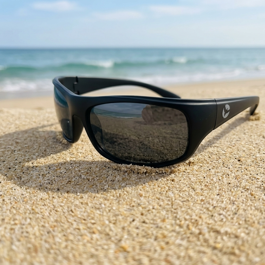 Black sunglasses on sand with ocean in the background