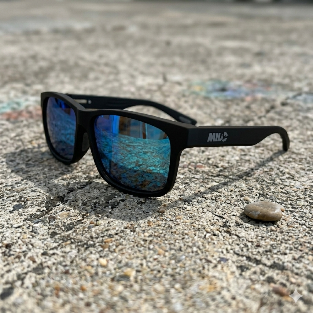 Black sunglasses with reflective lenses on a textured surface