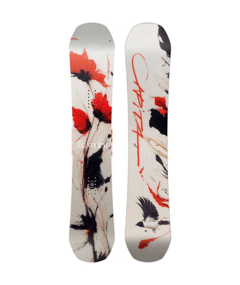 Capita Birds of a Feather women's snowboard in snow, featuring colorful feather design and durable construction for winter riding.