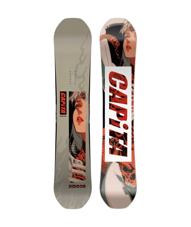 Capita Indoor Survival Wide Snowboard 2027, snow-covered board with bold graphics, designed for winter sports enthusiasts.