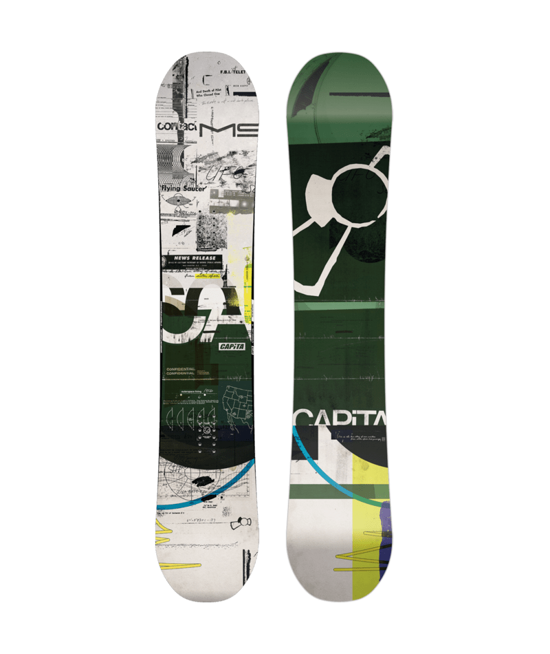 Capita Outerspace Living snowboard in a winter snow setting, showcasing its design and graphics for 2027 model.