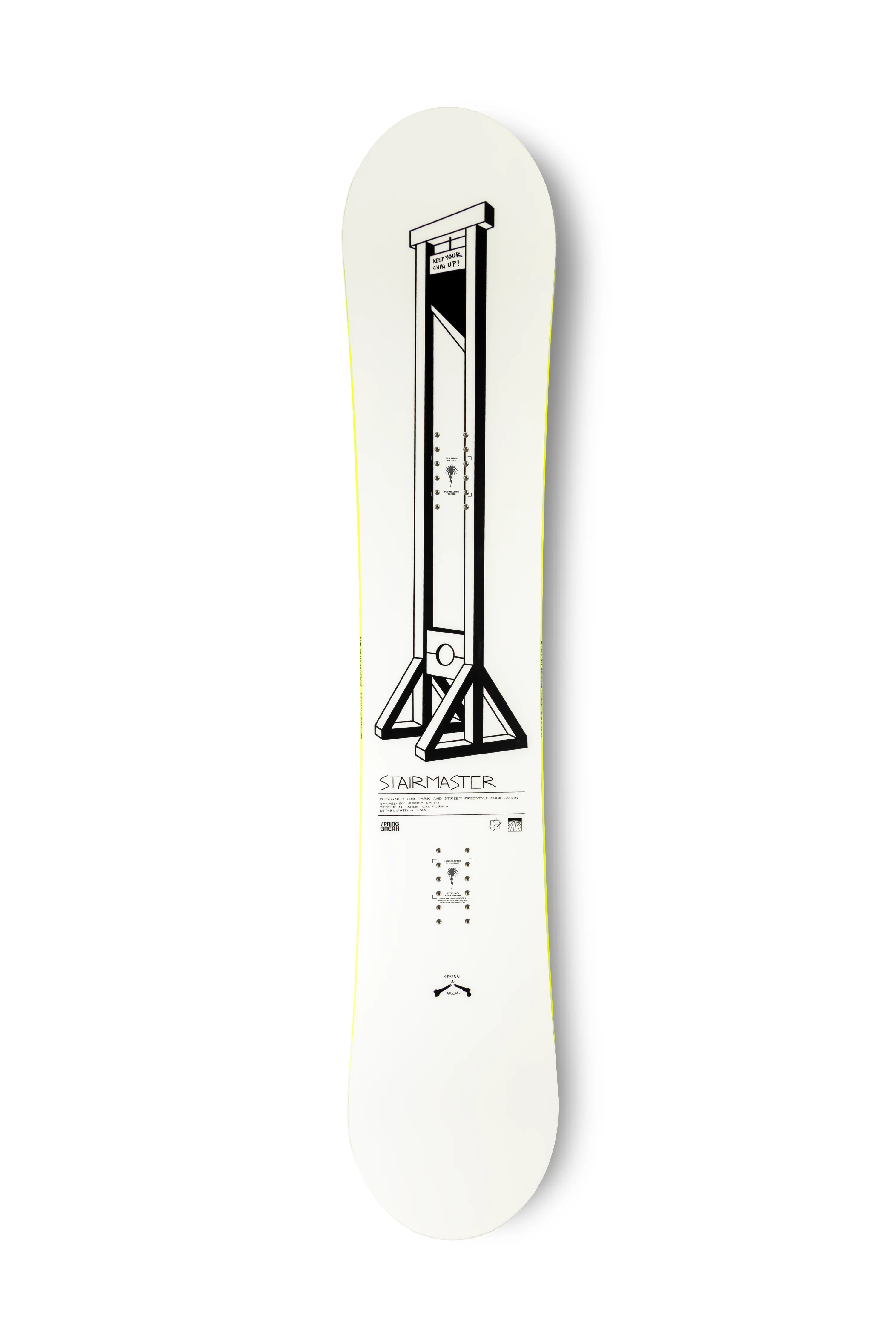 Capita SB Stairmaster snowboard with a sleek design, featuring a top view of the snowboarding deck and bindings.