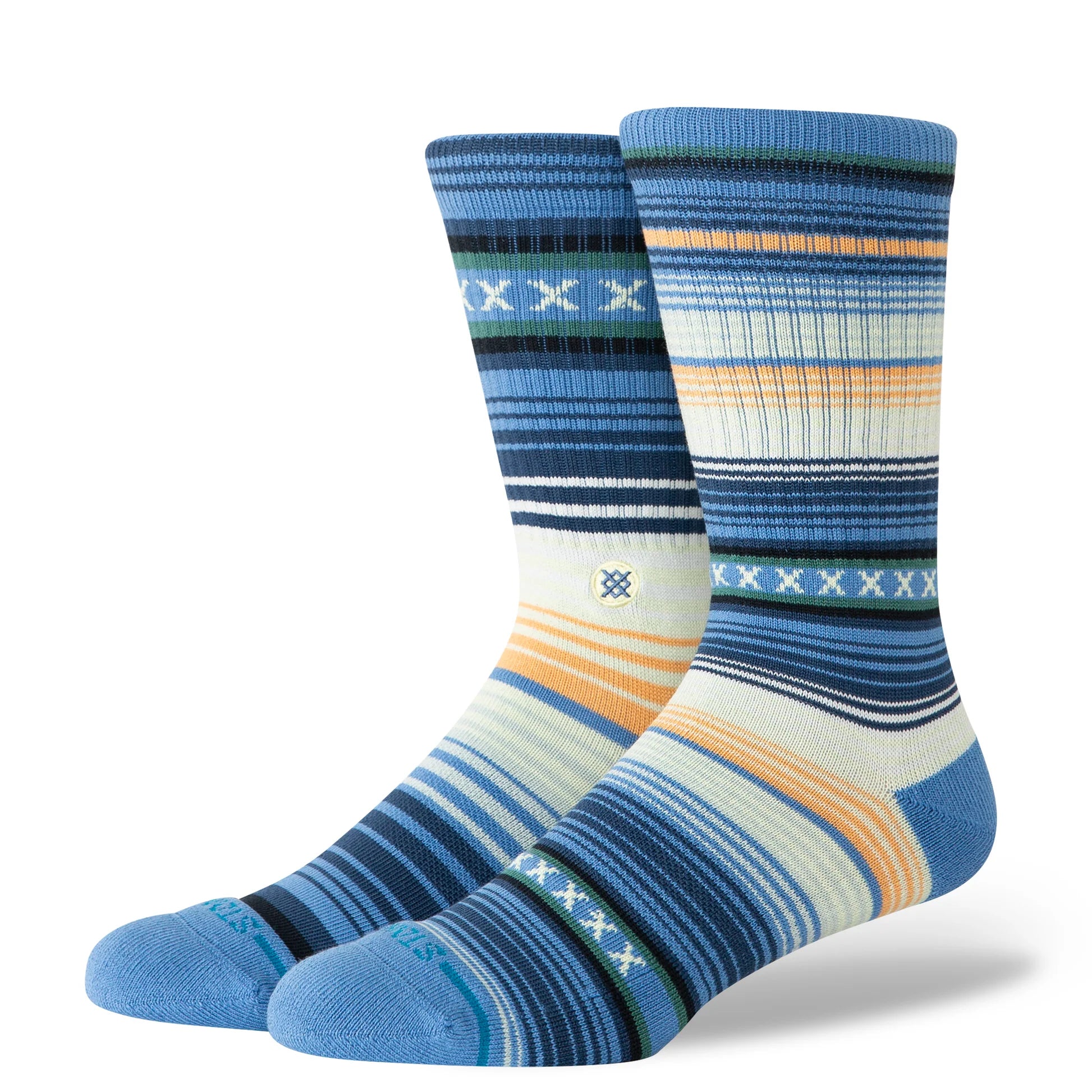 Blue Stance Curren ST crew sock displayed flat, showcasing its vibrant capri blue color and comfortable crew length design.
