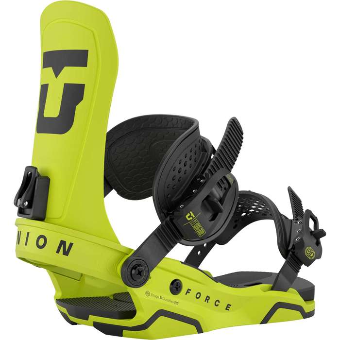 Union Force snowboard bindings for 2026, showcasing durable construction and secure straps on a snowy background.