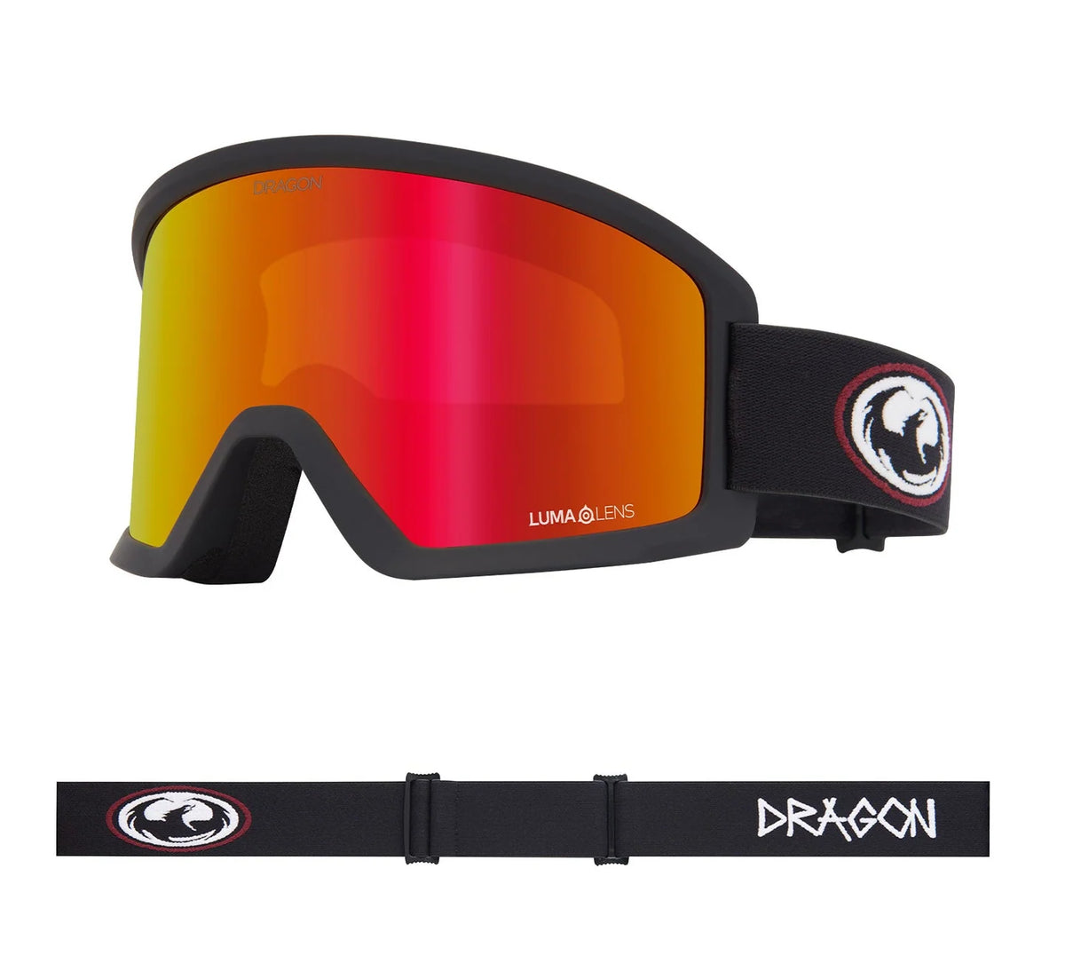 Dragon DX3 L Snow Goggle in black with orange accents, featuring adjustable strap and anti-fog lens for winter skiing or snowboarding.