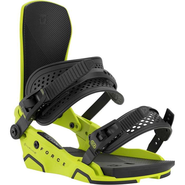 Union Force snowboard bindings 2026 mounted on a snowboard, showcasing adjustable straps and durable construction for winter snowboarding.