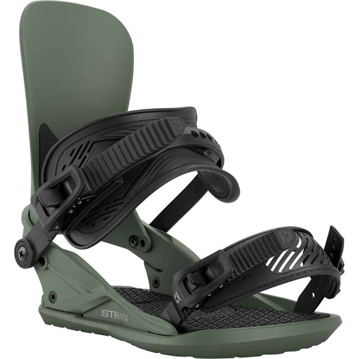 Union Strata snowboard bindings mounted on a snowboard, showcasing adjustable straps and high-performance design for winter snowboarding.