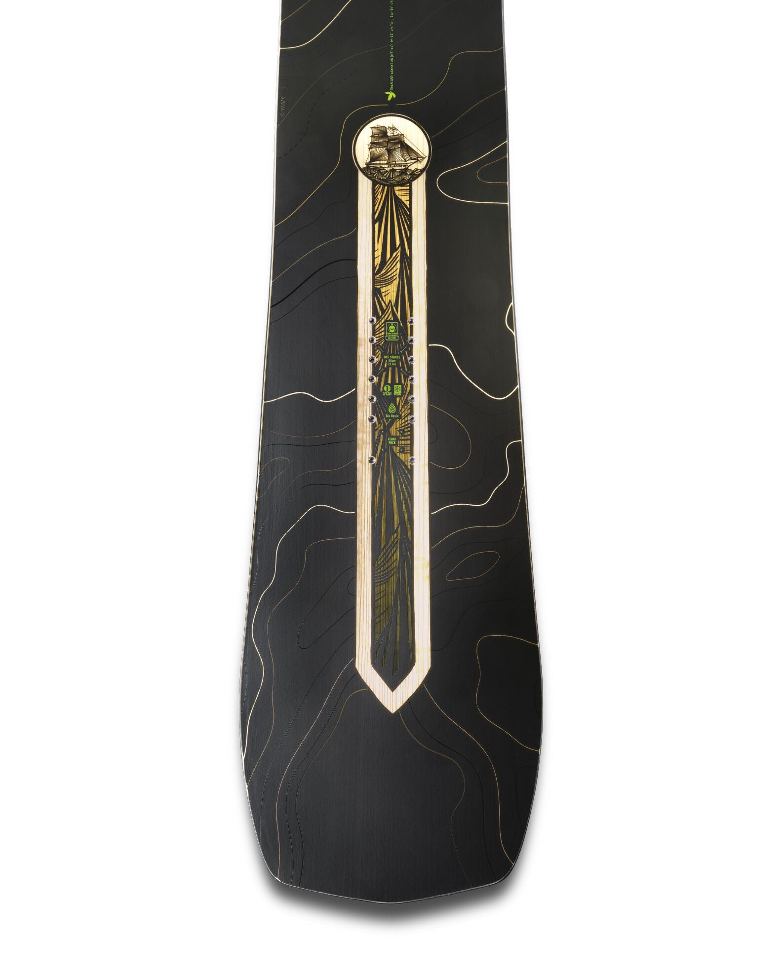 Jones Men's Flagship Snowboard 2027 showing the snowboard's base with tail design and graphics on a snowy surface.