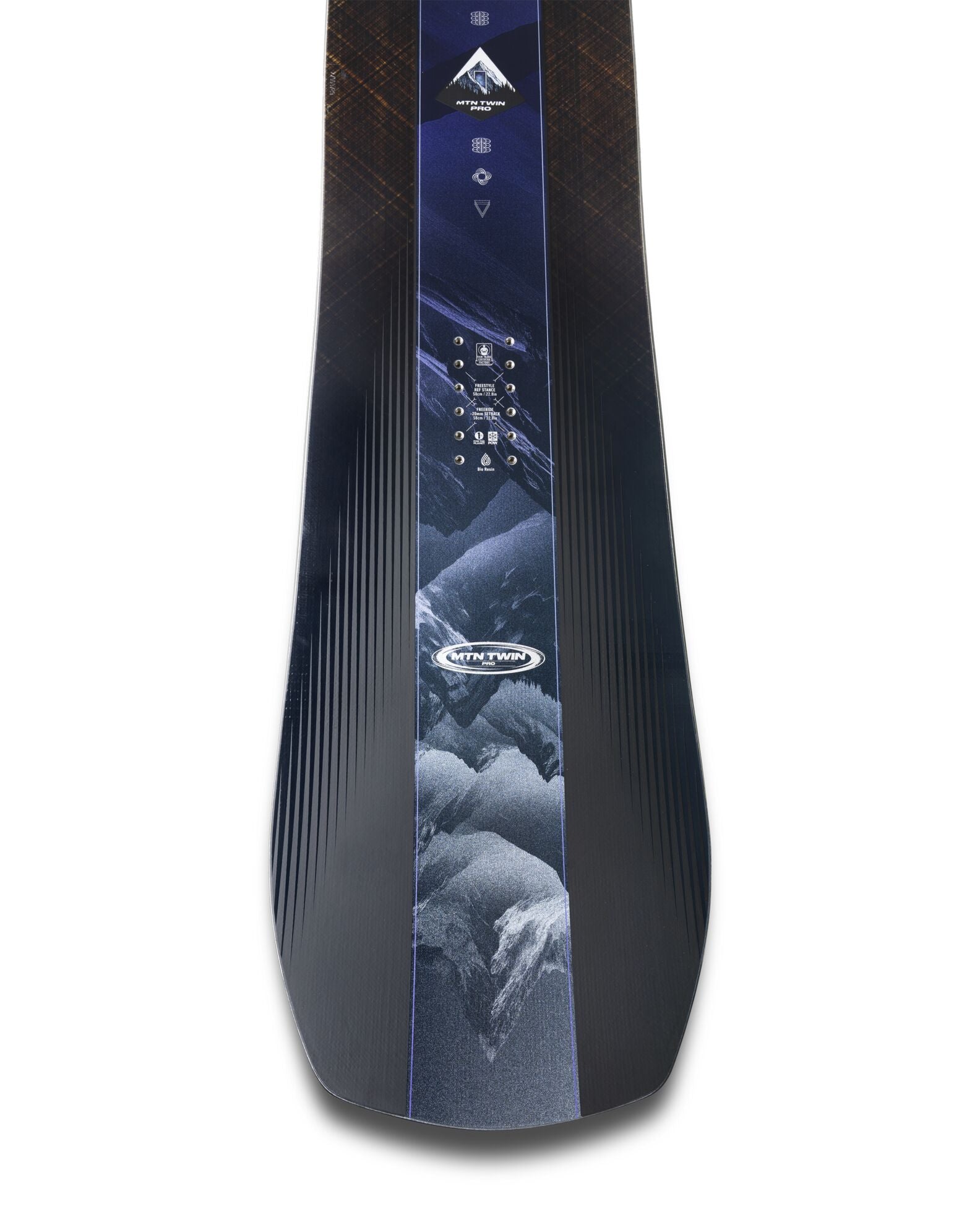 Jones Men's Mountain Twin Pro Snowboard 2027 tail shot, showcasing the snowboard's design and construction for mountain riding.