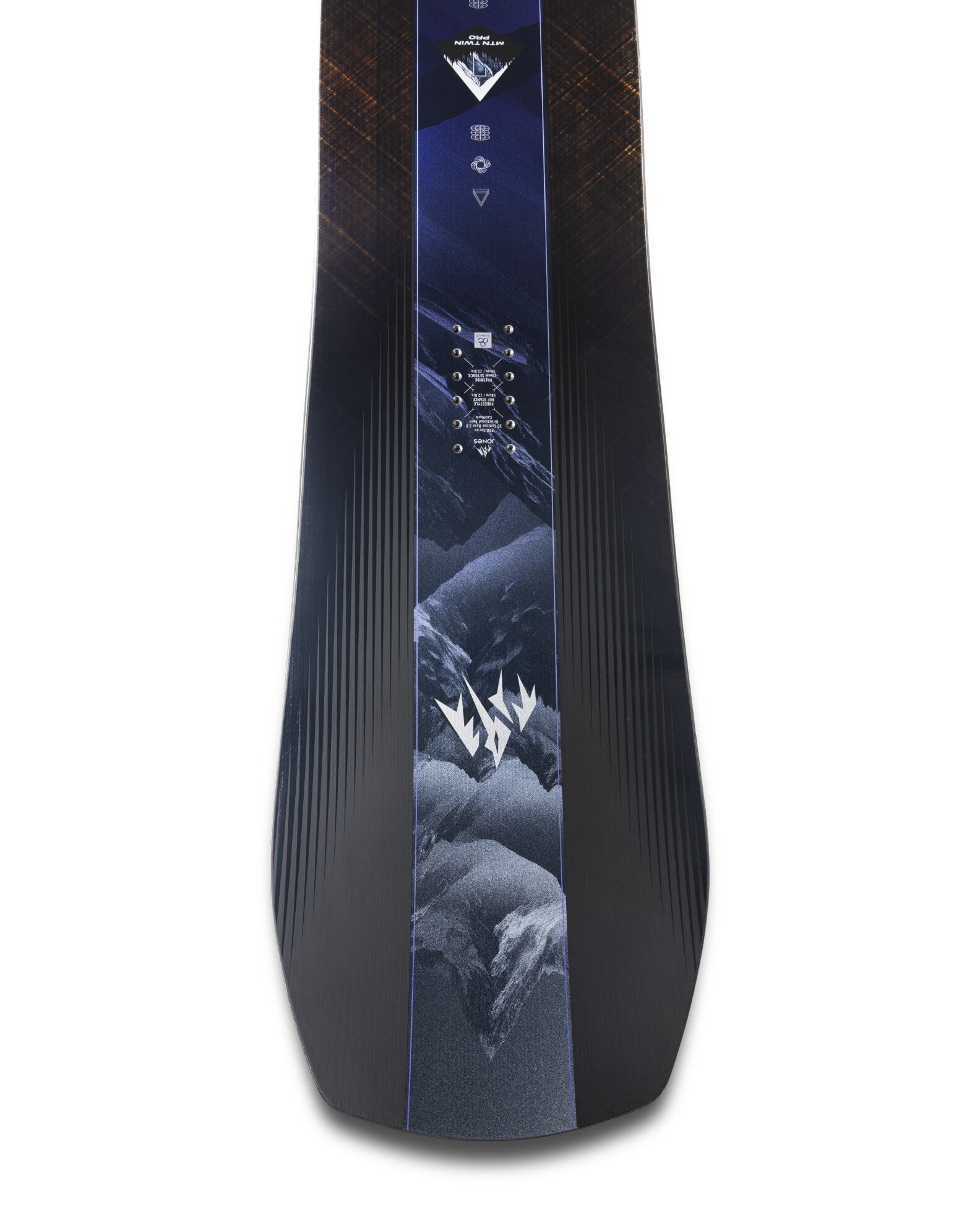 Jones Men's Mountain Twin Pro Snowboard 2027 with twin-tip design, showcased from the tip view on snow.