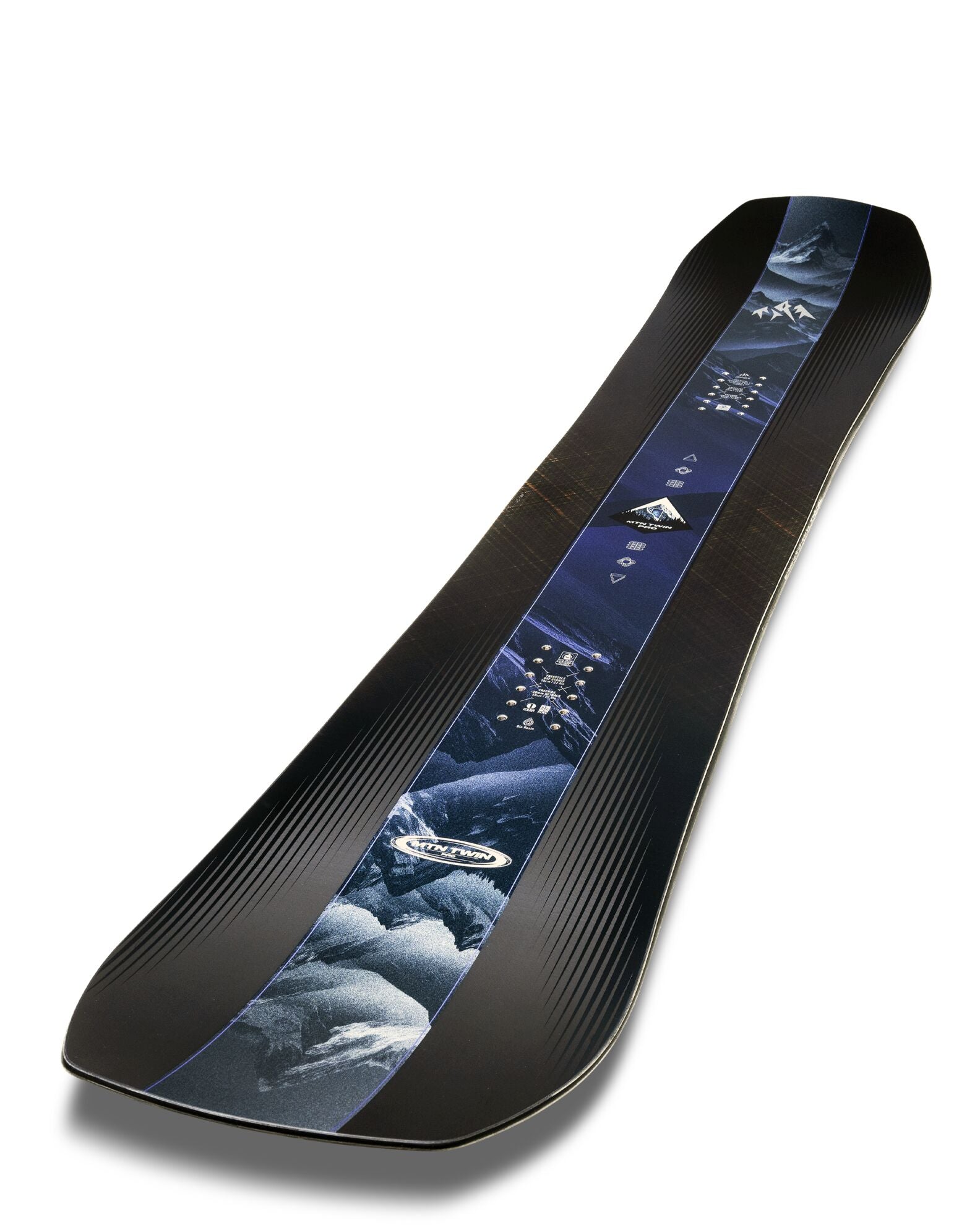 Jones Men's Mountain Twin Pro Snowboard 2027 with a sleek topsheet design, ideal for versatile mountain riding and freestyle snowboarding.