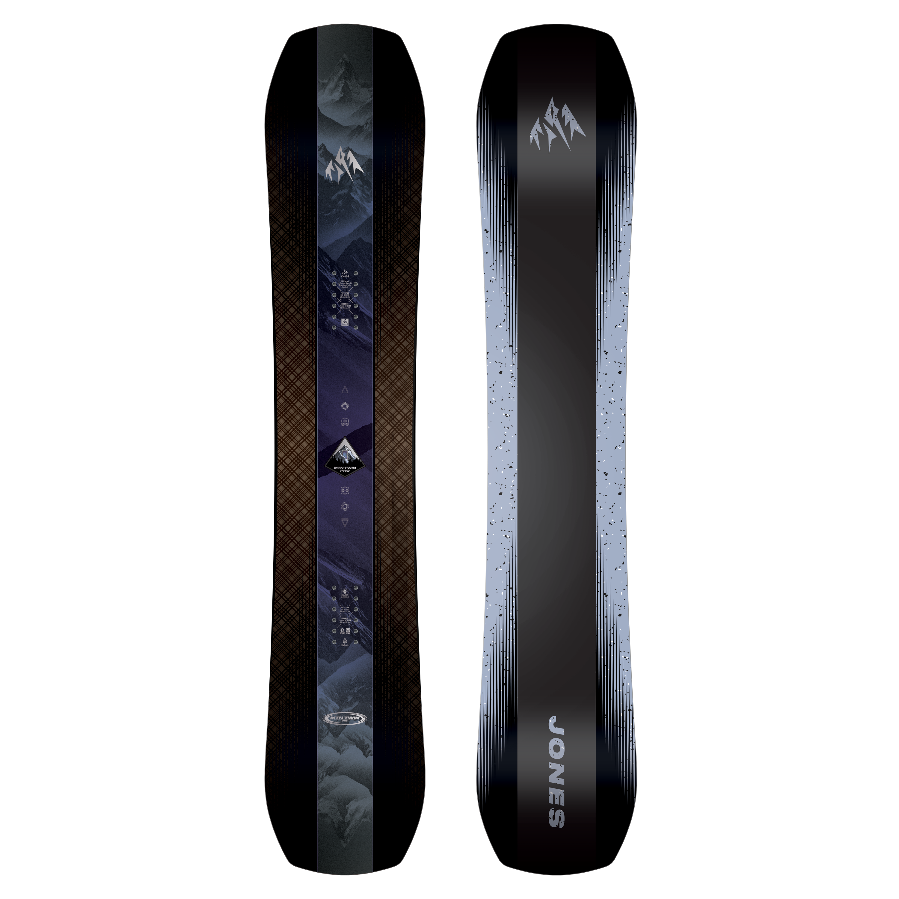 Jones Men's Mountain Twin Pro Snowboard 2027 with a sleek topsheet design, ideal for versatile mountain snowboarding.
