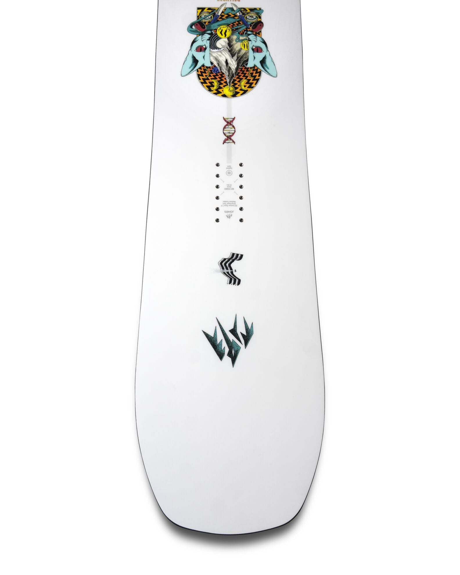 Jones Men's Rally Cat Snowboard 2027 with a sleek design, shown in a tip shot highlighting its shape and graphics.