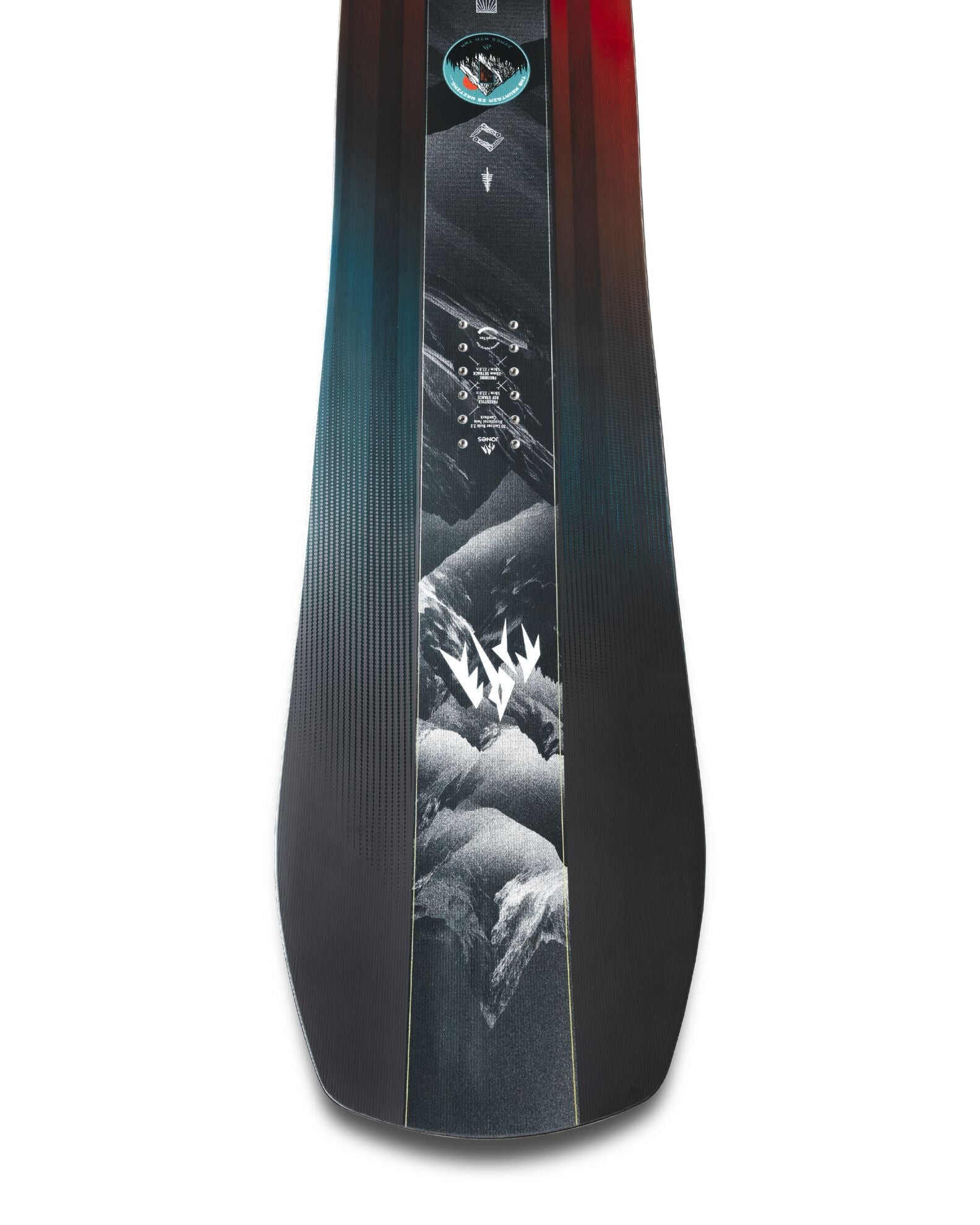 Jones Men's Mountain Twin snowboard with a sleek design, shown from the tip angle on a snowy background.