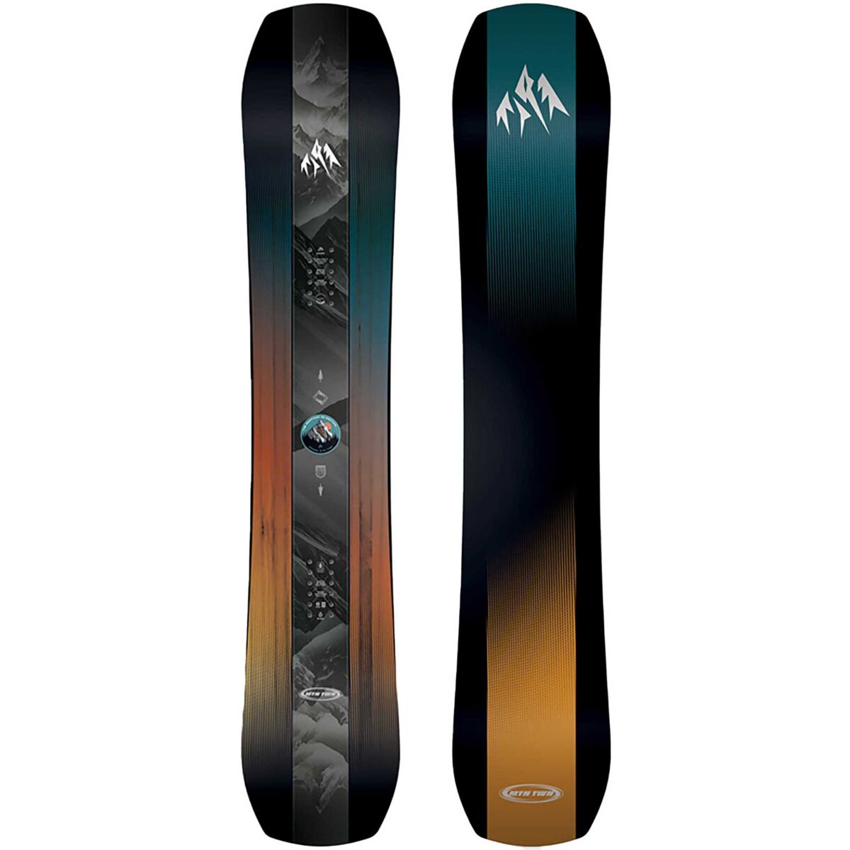 Jones Men's Mountain Twin snowboard, showing the full top view with its sleek design and graphics for winter snowboarding.