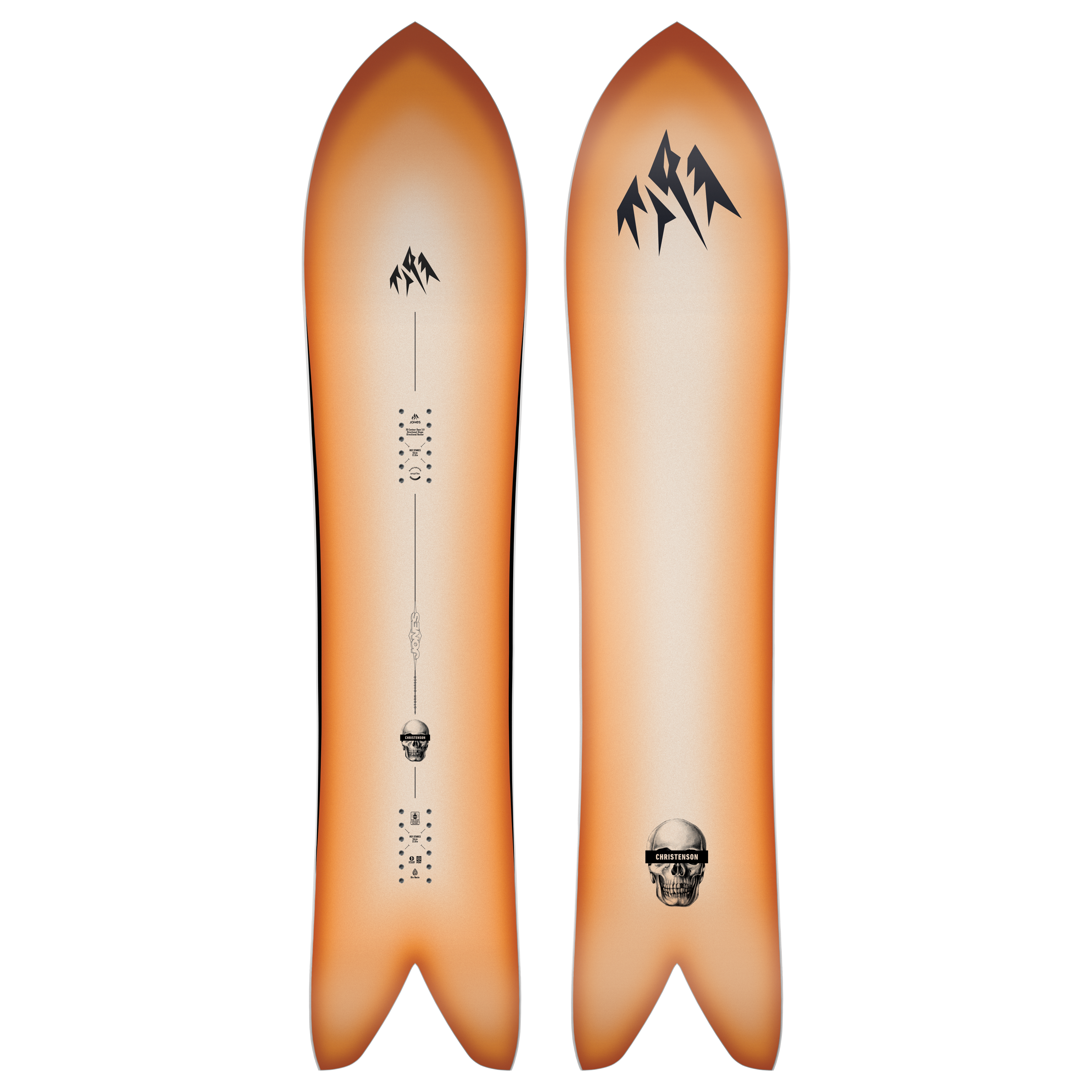 Jones Storm Chaser 2027 snowboard with a rugged design, shown from an overview angle on snow, highlighting its shape and model details.