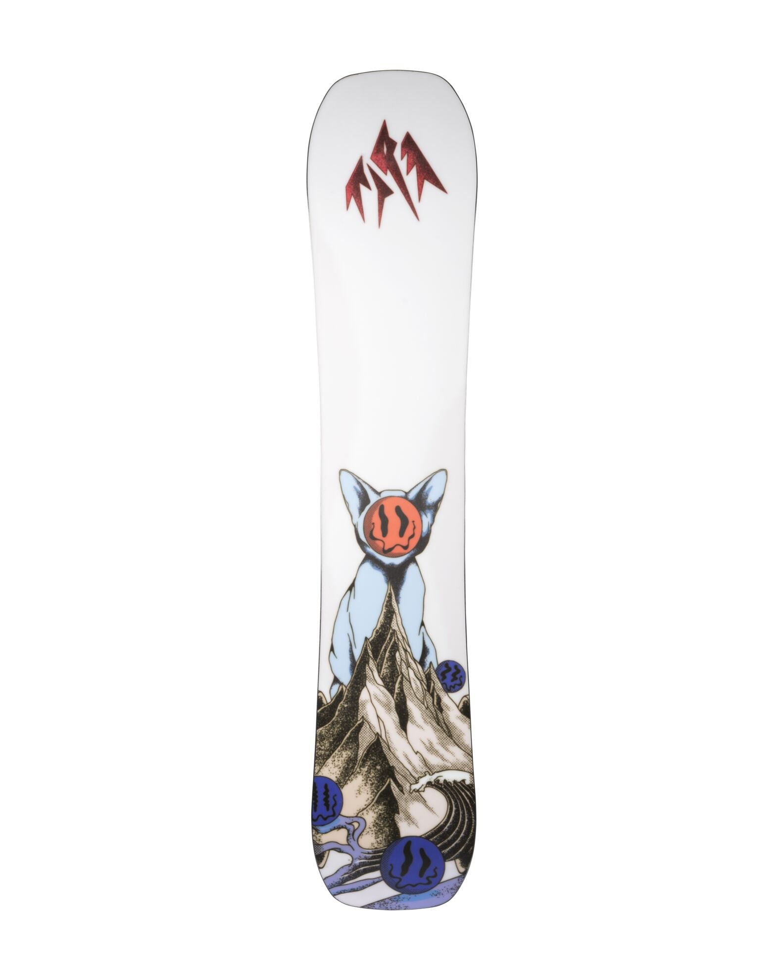 Jones Women's Rally Cat snowboard with Milosport base, designed for snowboarding, featuring a sleek black and white graphic.