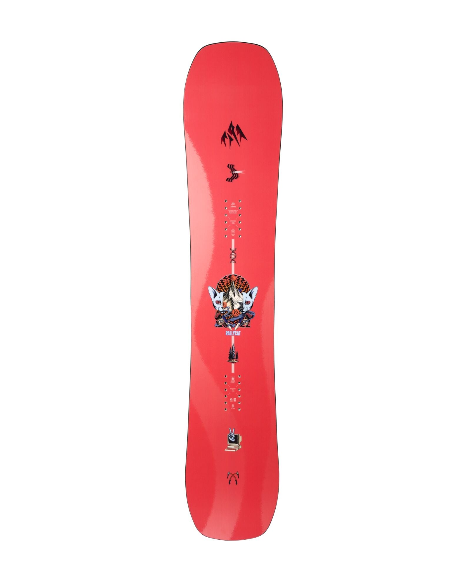 Jones Women's Rally Cat snowboard with colorful top sheet and graphic design, perfect for snowboarding adventures.