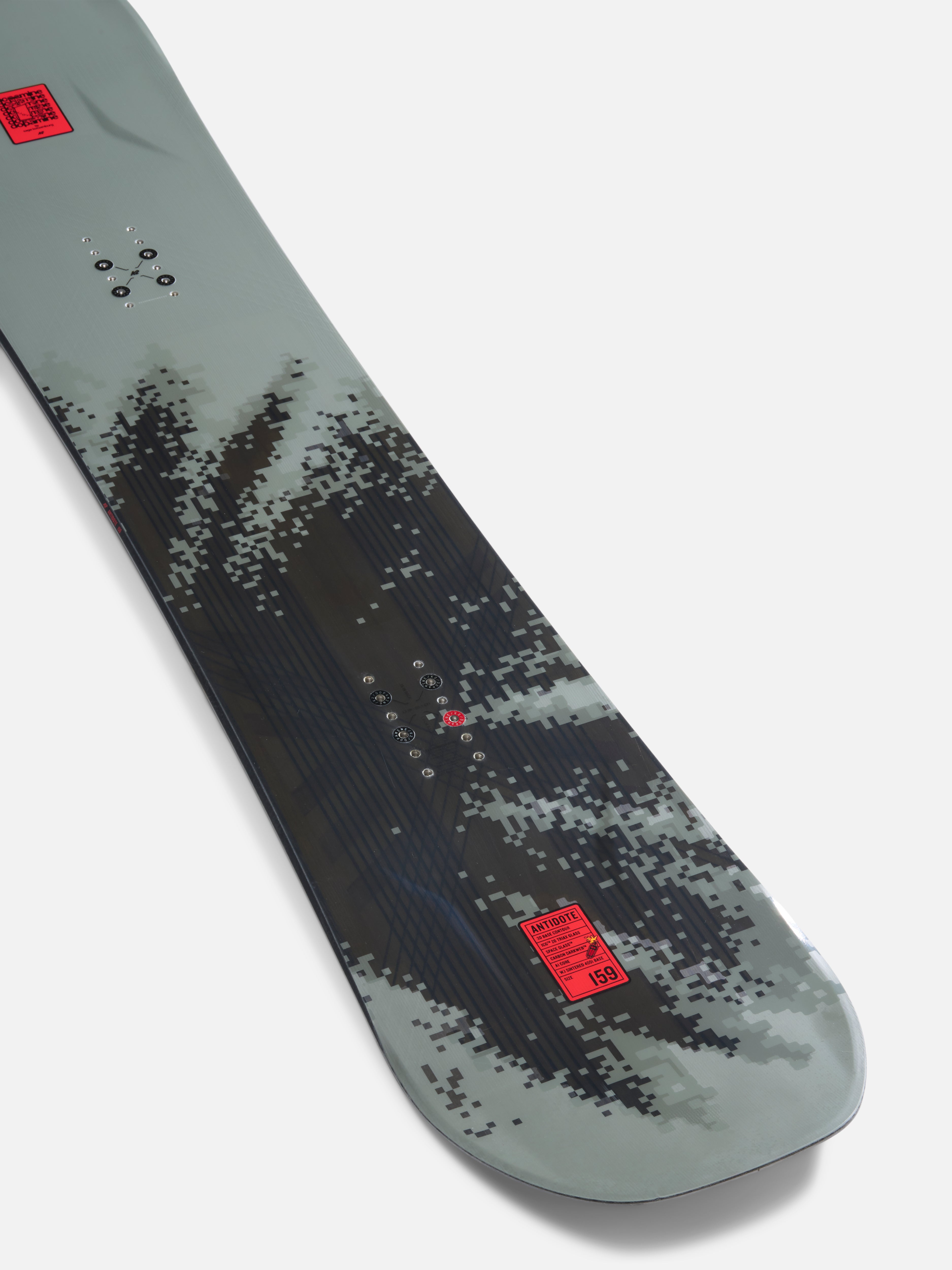 K2 Antidote snowboard showing the tail design and graphics, suitable for snowboarding in winter conditions.