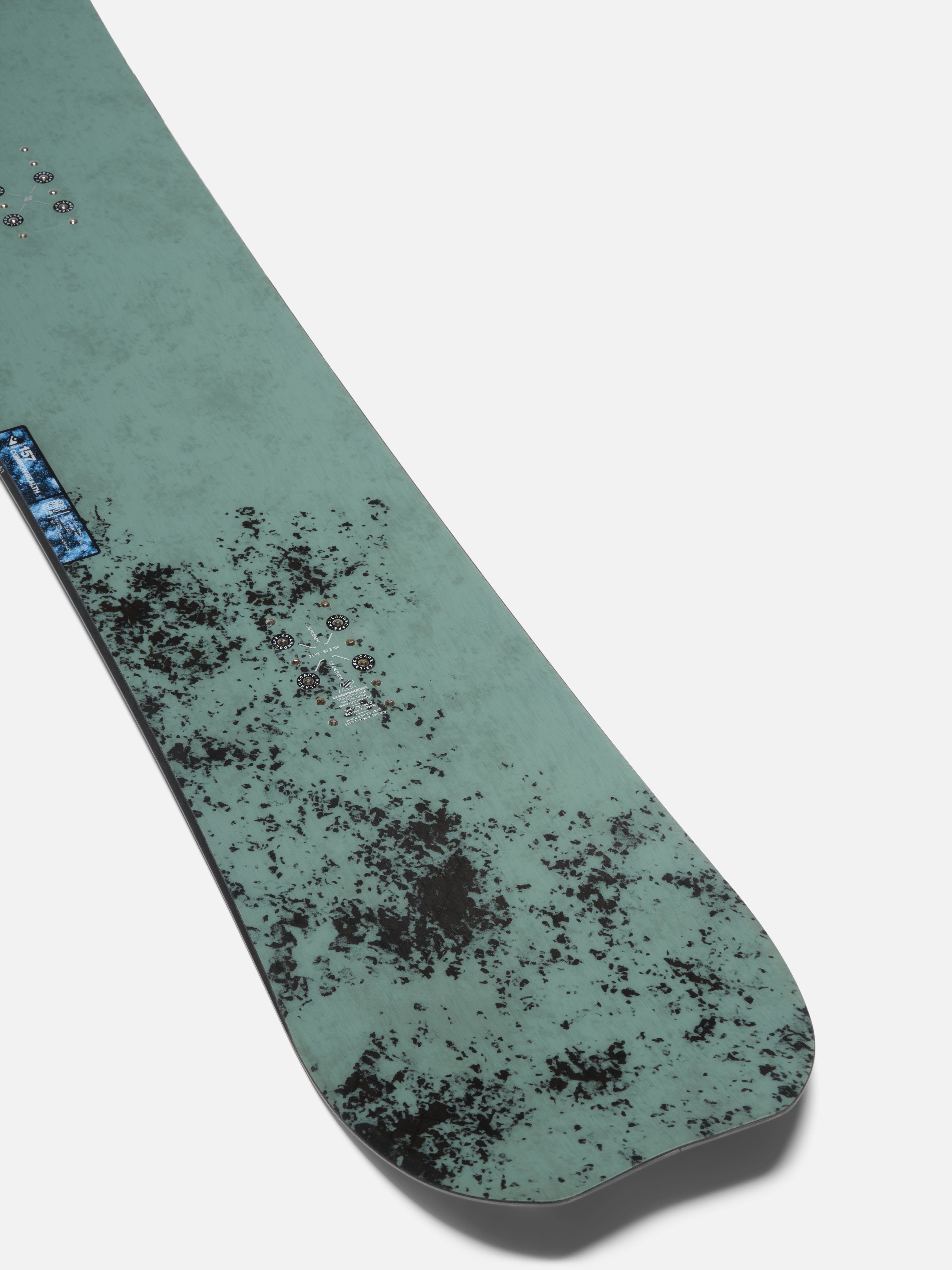K2 Commonwealth Snowboard 2027 showing the tail with a sleek design and graphics by Milosport.