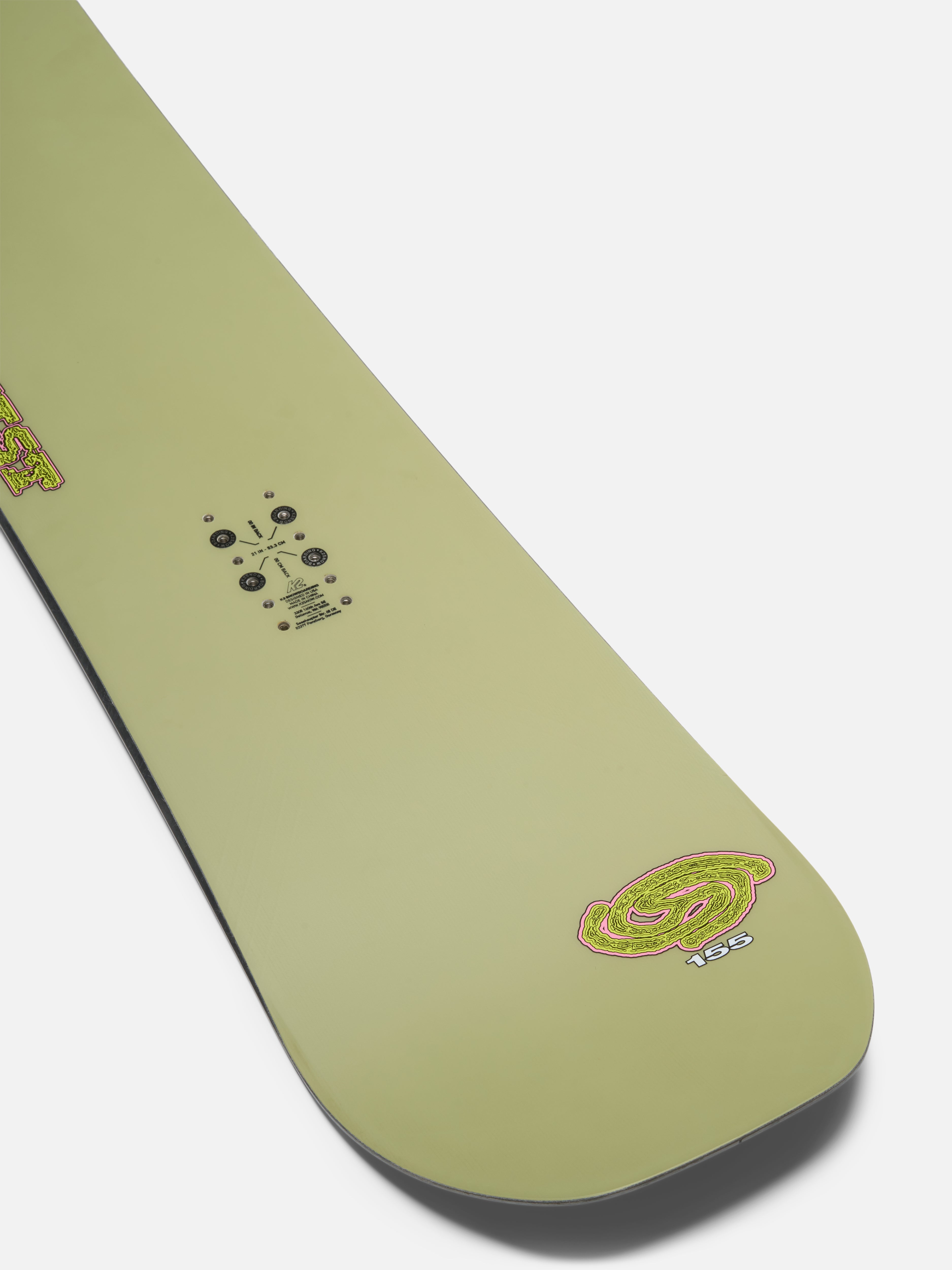 K2 Hypnotist snowboard showing the tail design with colorful graphics, built for snowboarding in a durable, high-performance style.