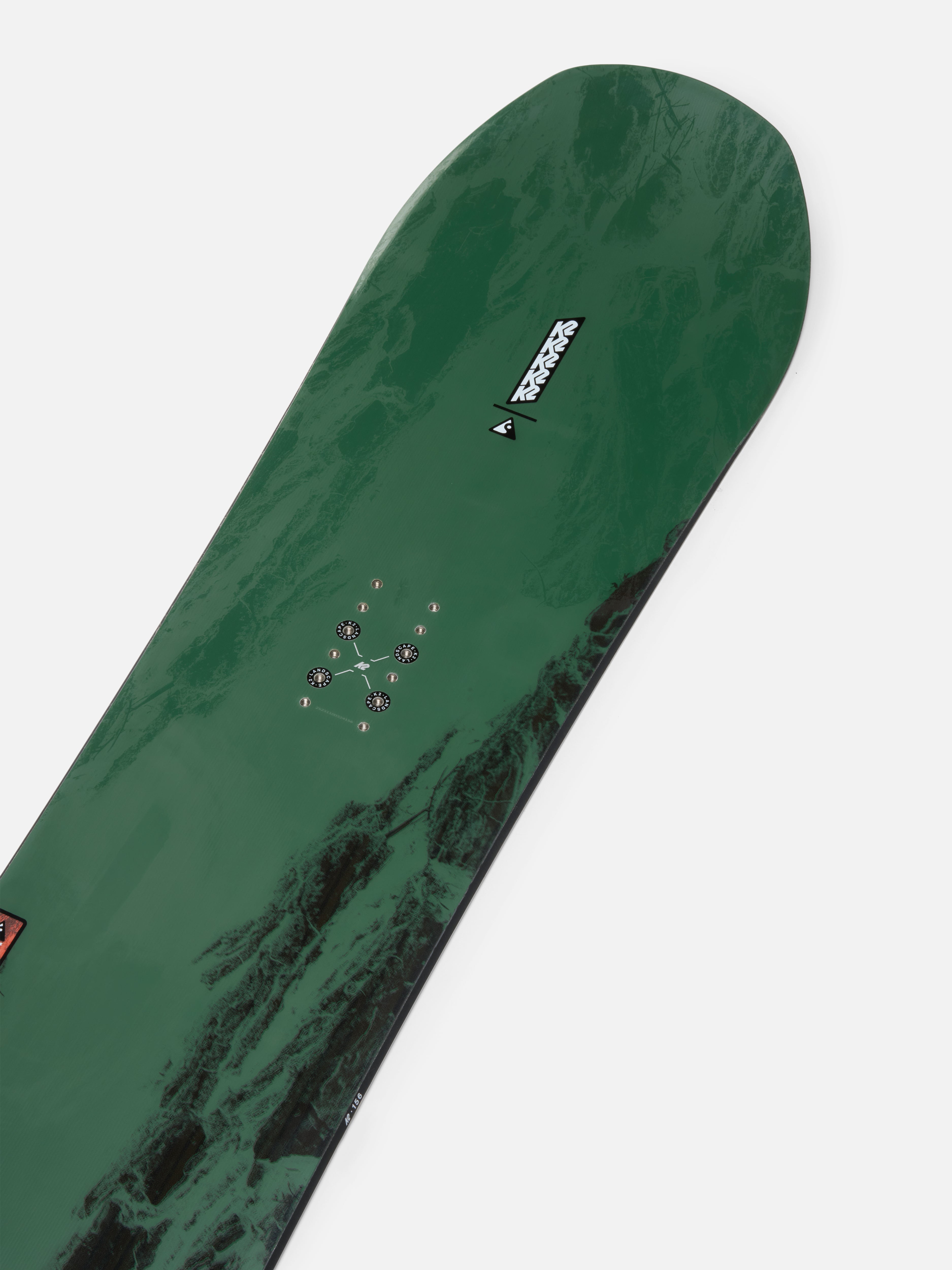 K2 Manifest Snowboard 2027 with a close-up of the nose, showcasing the K2 branding and sleek snowboarding design.