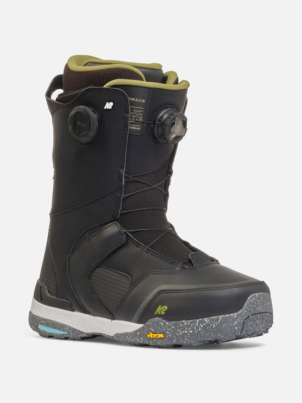 Black K2 Thraxis Snowboard Boots for snowboarding, featuring sturdy design and secure lacing system.
