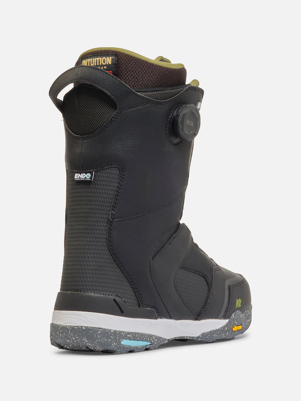 Black K2 Thraxis snowboard boots for winter snowboarding with durable design and adjustable lacing system.