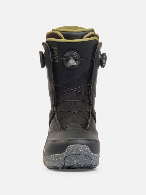 Black K2 Thraxis snowboard boots for winter snowboarding, with sturdy design and snow-friendly features.