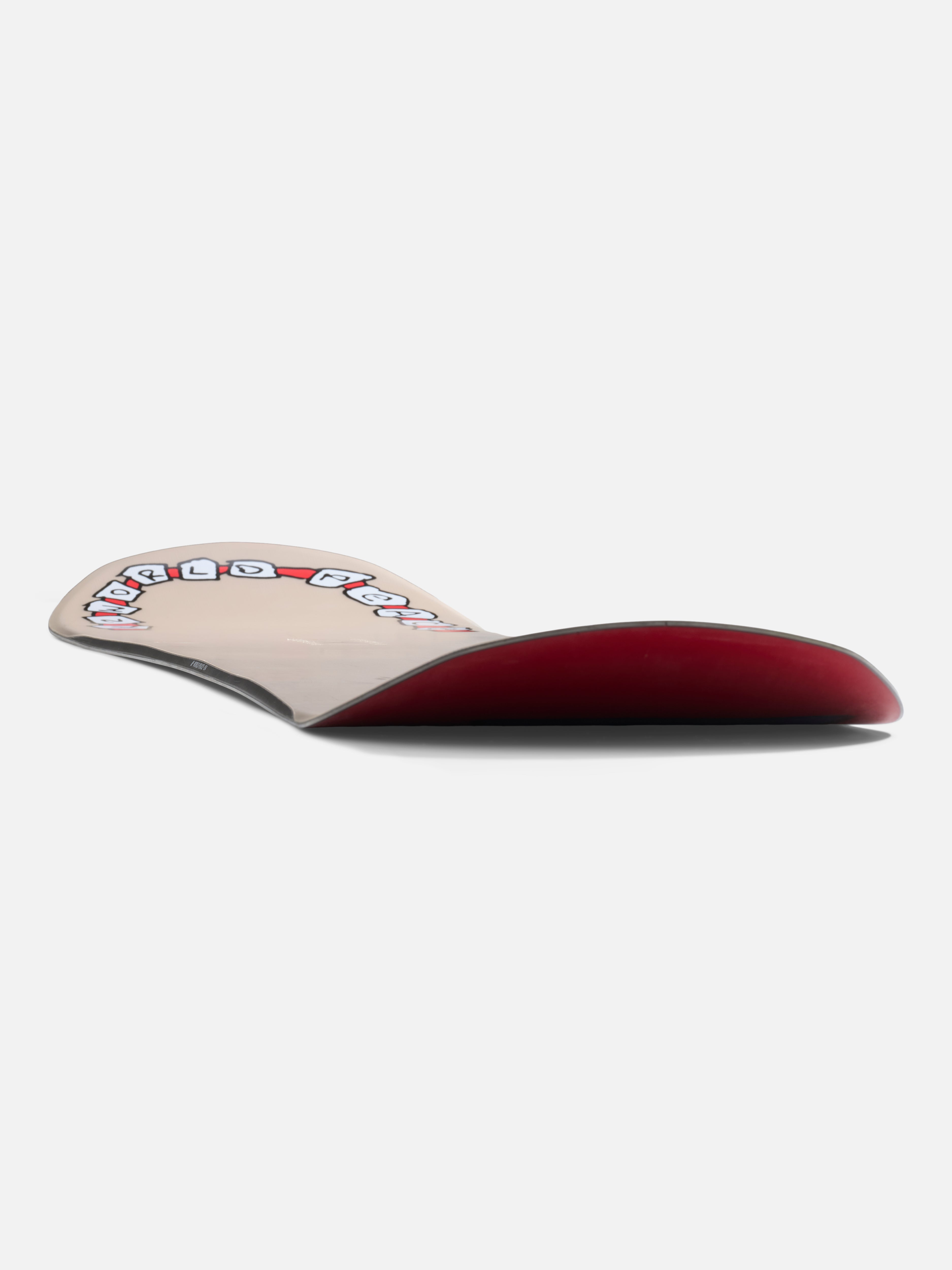 K2 World Peace snowboard 2027 with a low-angle view, showcasing its design and construction for winter snowboarding.