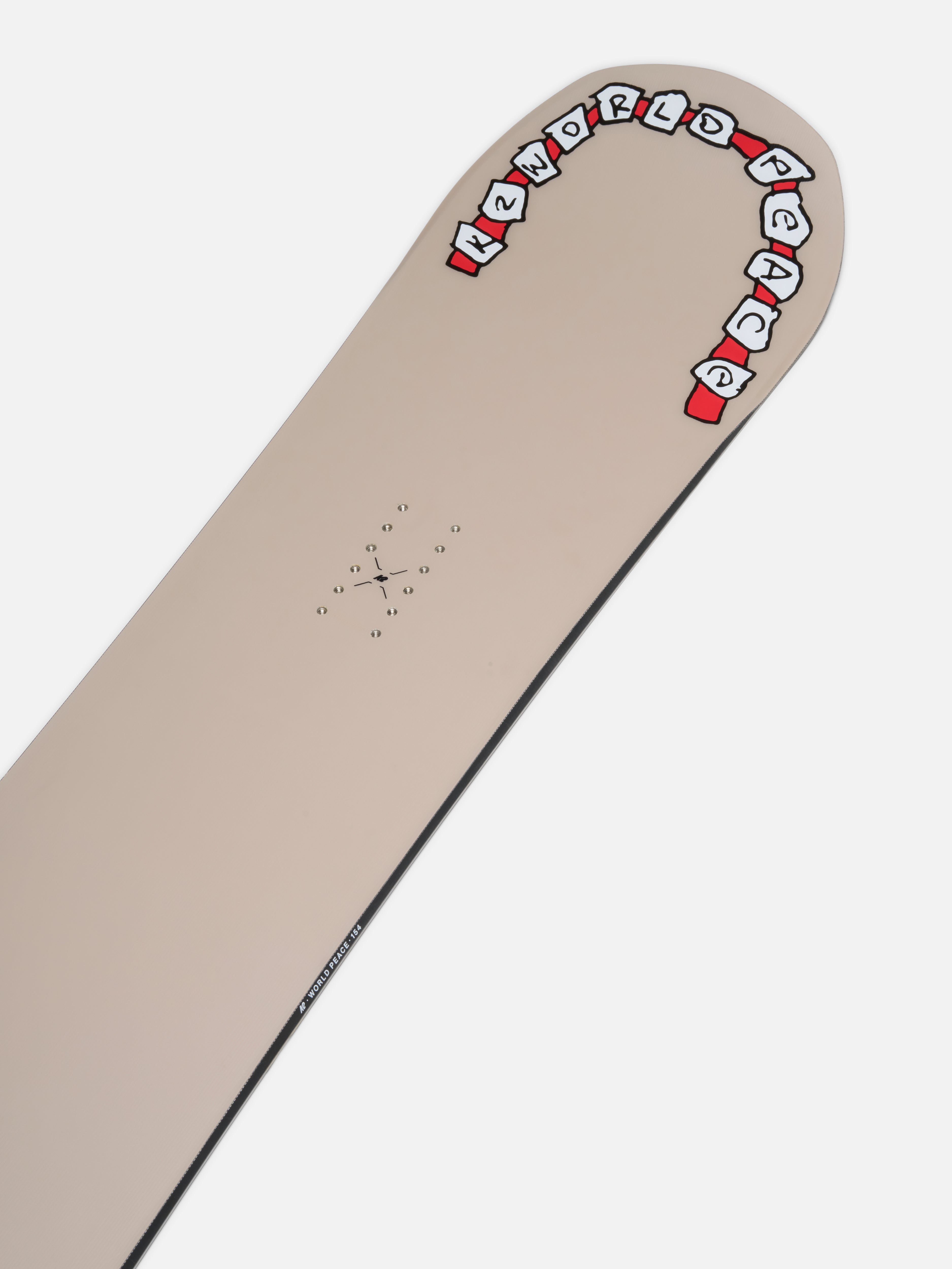 K2 World Peace snowboard 2027 with colorful graphic design, featuring the nose and branding, suitable for winter snowboarding.