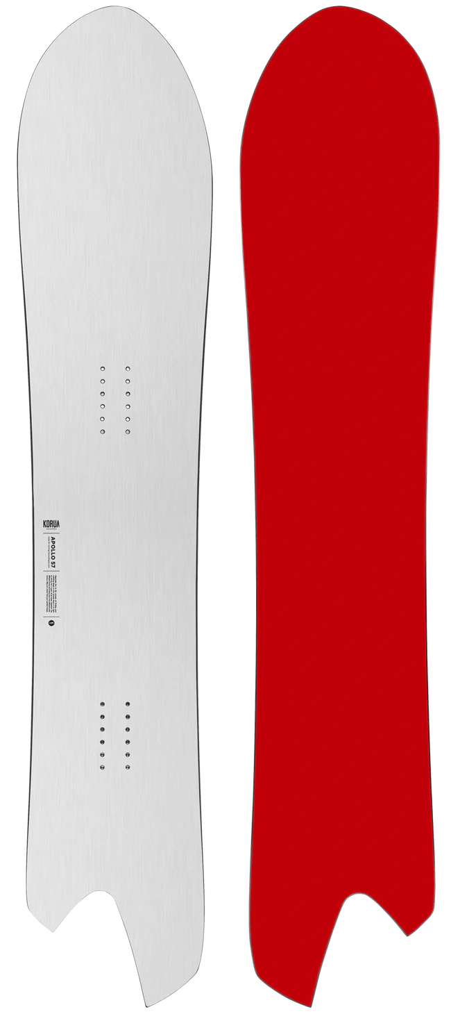 Korua Apollo snowboard showing the top sheet design and base, ideal for snowboarding in winter conditions.